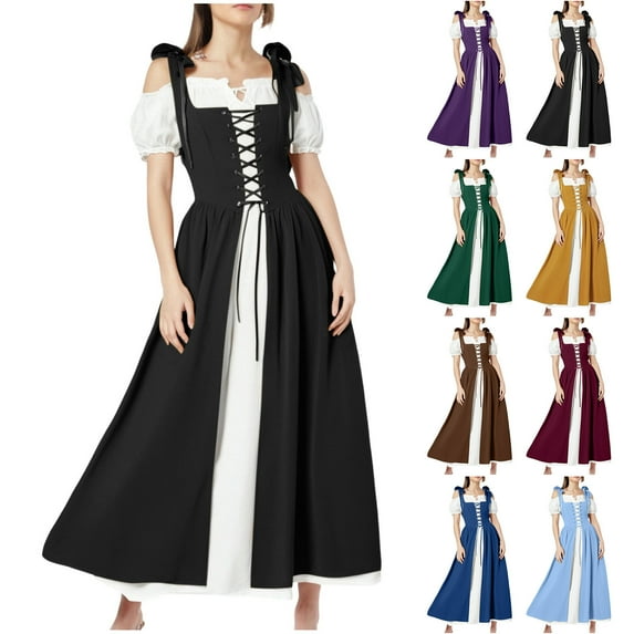 QATAINLAV Renaissance Costume Women Vintage Medieval Dress Cold Shoulder Short Sleeve Peasant Pirate Irish Maxi Dresses, Wine, S