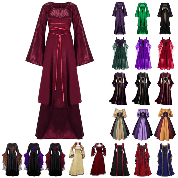 QATAINLAV Renaissance Dress for Women Gothic Corset Costumes Solid Color Lace Up Flare Sleeve Steampunk Dresses Halloween Costume, Black, S