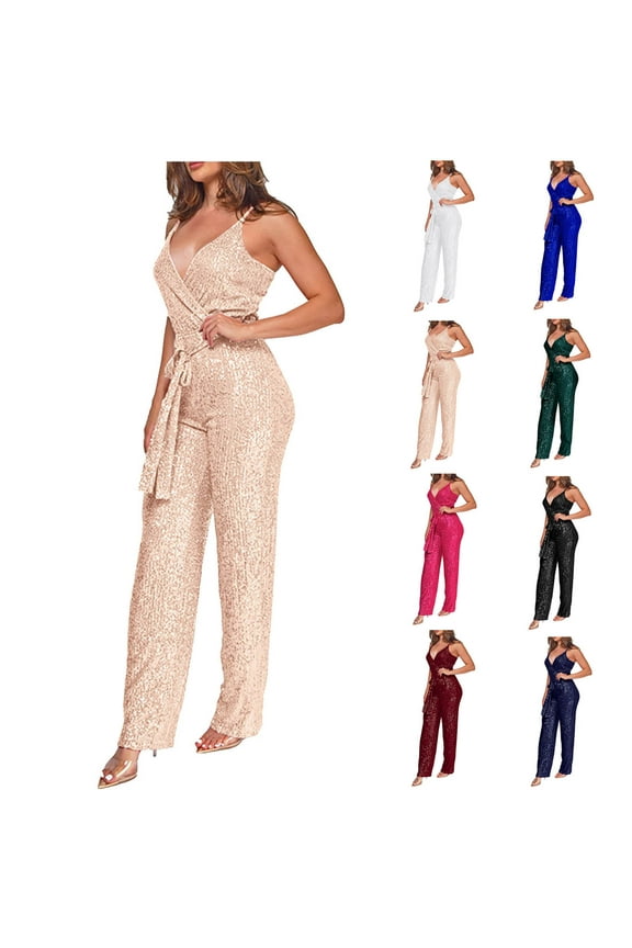 Rompers for Women High-Waisted Glitter Sequin Slim Jumpsuit Sexy Sleeveless Sling Cold Shoulder V Neck One Piece Pants Black XXL