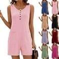 thumbnail image 1 of QATAINLAV Rompers for Women 2025 Summer Casual Sleeveless Button Neck Short Jumpsuits Eyelet Embroidery Comfy Overalls with Pockets Black L Limited Time Sale, 1 of 9