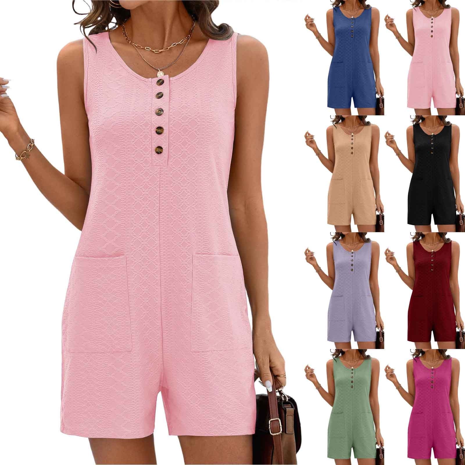 QATAINLAV Rompers for Women 2025 Summer Casual Sleeveless Button Neck ...