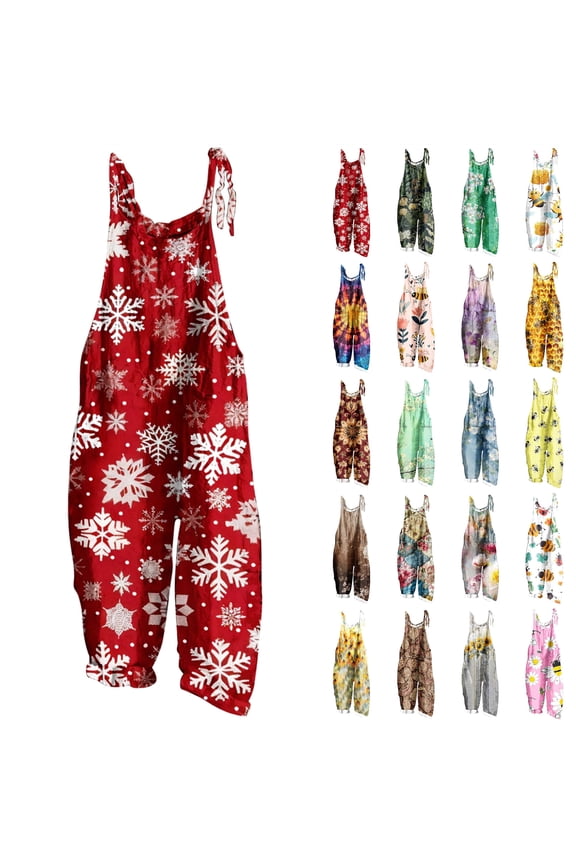 Rompers for Women Casual Fashion Print Sleeveless Jumpsuits Loose Lightweight Linen Wide Leg Onesie Pants with Pockets, Pink, XXL