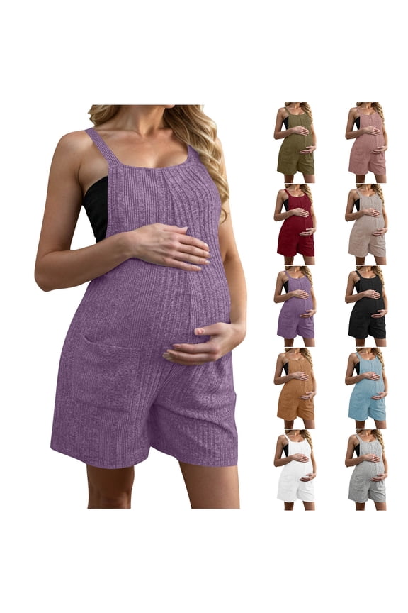 Rompers for Women Maternity Clothes Sleeveless Ribbed Knit Short Jumpsuits Loose Comfy Pregnancy Casual Outfits with Pockets, Purple, XXL