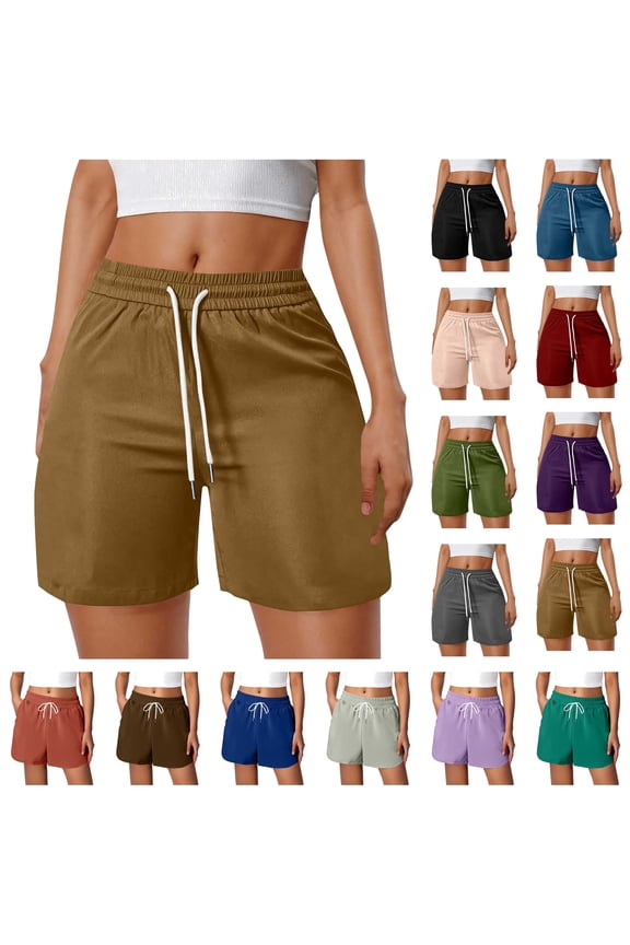 Running Shorts for Women Loose Fit Drawstring High Waisted Workout Shorts Solid Color Wide Leg Casual Lounge Shorts with Side Pockets Brown M