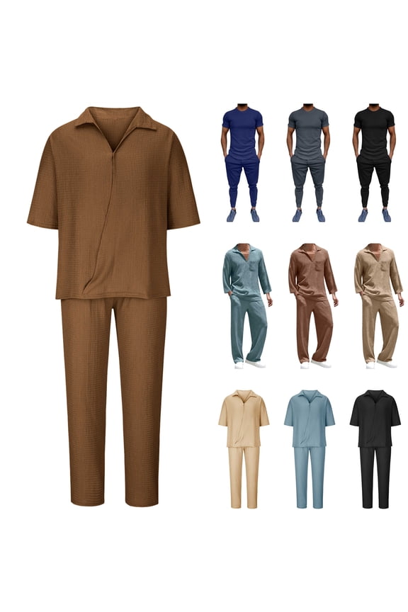 Mens 2 Pieces Set Casual Short Sleeve Henley Shirt and Loose Fit Straight Leg Lounge Pants Sets Solid Color Yoga Workout Outfits, Khaki, XXL