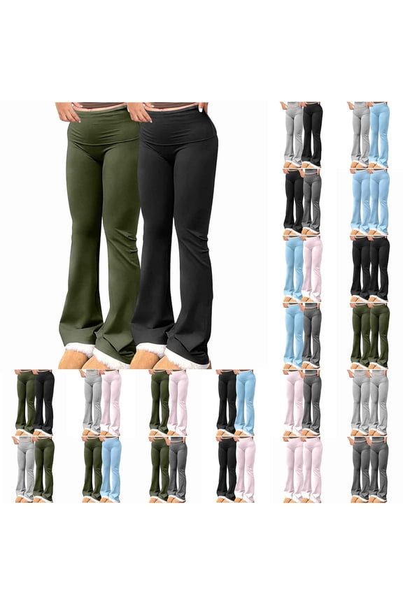 on Sale Clearance 2024 Women's High Waist Running Workout Leggings Gym Tummy Control Foldover Flare Yoga Pants Milk Silk Soft Stretchy Legging Pants Pink XL