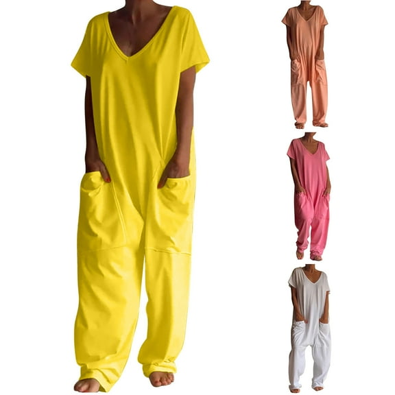 QATAINLAV on Sale Clearance Plus Size Overalls with Pocket for Women 2025 Short Sleeve V Neck Jumpsuits Baggy One Piece Wide Leg Romper Solid Casual Loungewear Pink M