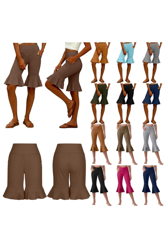 Women's Yoga Capri Pants Stretch Causal Athletic Capris Solid Elastic Waist Ruffle Hem Dance Leggings with Pockets Navy L