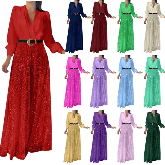 QATAINLAV Ofertas Flash Del Dia Womens Loose V Neck Long Sleeve Jumpsuits Fashion Glitter Sequin Splicing Wide Leg Jumpsuit Evening Sparkly Fold One Piece Pants Party Outfit Dark Blue XL