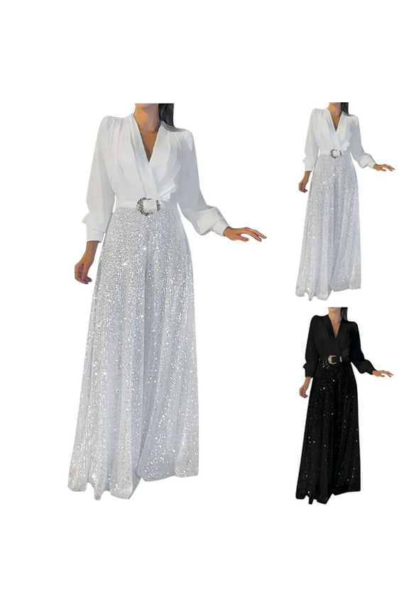Mother's Day Gifts Sequins Jumpsuit for Women Long Sleeve Sparkly Jumper Pants Loose Fit Wide Leg Overalls Elegant V Neck One Piece Rompers Black M