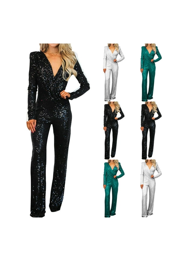 Gifts for Mom Women Sequins Jumpsuit Long Sleeve V Neck One Piece Overalls Fashion Glitter Wide Leg Rompers Dressy Formal Outfits for Wedding Party Black L