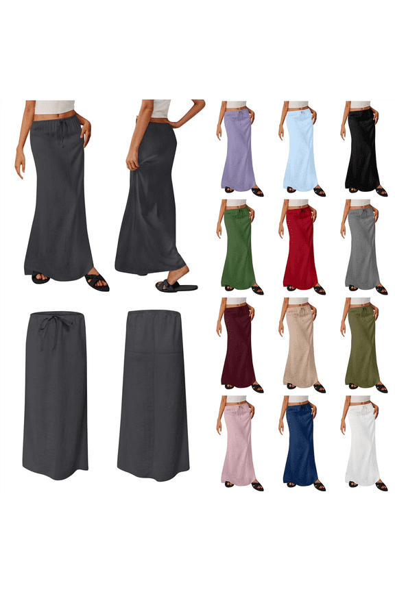 Cotton Linen Skirts for Women Maxi Length Summer Skirts Drawstring Low Rise A-Line Casual Loose Flowy Beach Skirt Red M