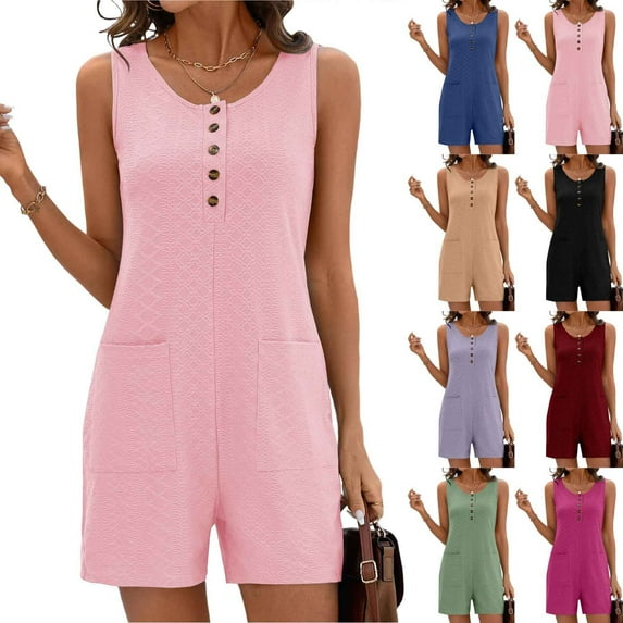 QATAINLAV Sales of The Day! Rompers for Women 2025 Summer Casual Sleeveless Button Neck Short Jumpsuits Eyelet Embroidery Comfy Overalls with Pockets Black M