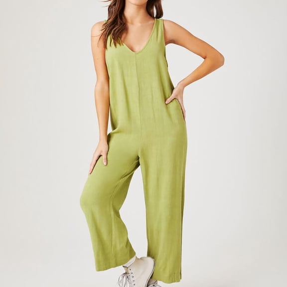 QATAINLAV Sales Prime Cotton Linen Jumpsuits for Women 2025 Summer Fashion Sleeveless Overalls Loose Wide Leg Rompers Solid Casual One Piece Junper Pants Green XL
