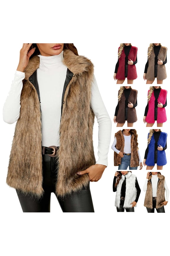 Women's Faux Fur Vest Sleeveless Short Jacket Winter Warm Fur Coat Waistcoat Outerwear, Brown, XXL
