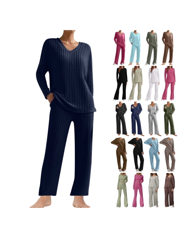 2 Piece Outfits for Women Knit Sweater Long Sleeve Crewneck Tops and Wide Leg Pants 2025 Ribbed Fall Loose Lounge Set Coffee XL