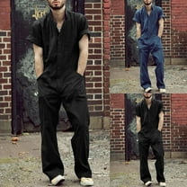 QATAINLAV Mens Rompers Jumpsuits Casual Button Down Short Sleeve One Piece Coverall Loose Fit Full Length Overalls Outdoor Shorts Tracksuits with Pockets Black XXL