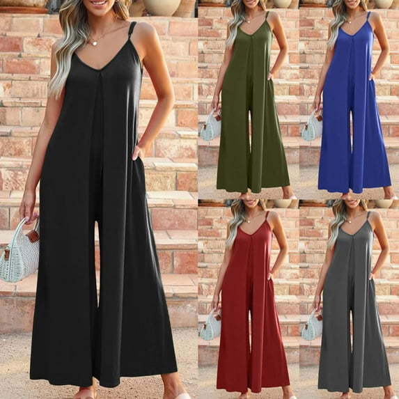 QATAINLAV Sales Today Jumpsuits for Women Summer Casual Cotton One Piece Overalls Baggy Flowy Wide Leg Palazzo Pants V Neck Romper with Pockets Army Green XL