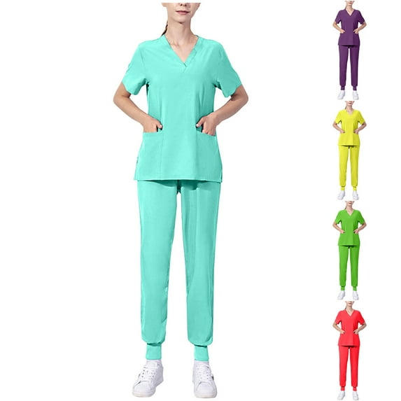 QATAINLAV Sales Today Womens Casual V Neck Scrub Tops Matching Jogger Pants 2 Piece Sets Solid Color Nursing Uniform Scrubs Set with Pockets Yellow XXL
