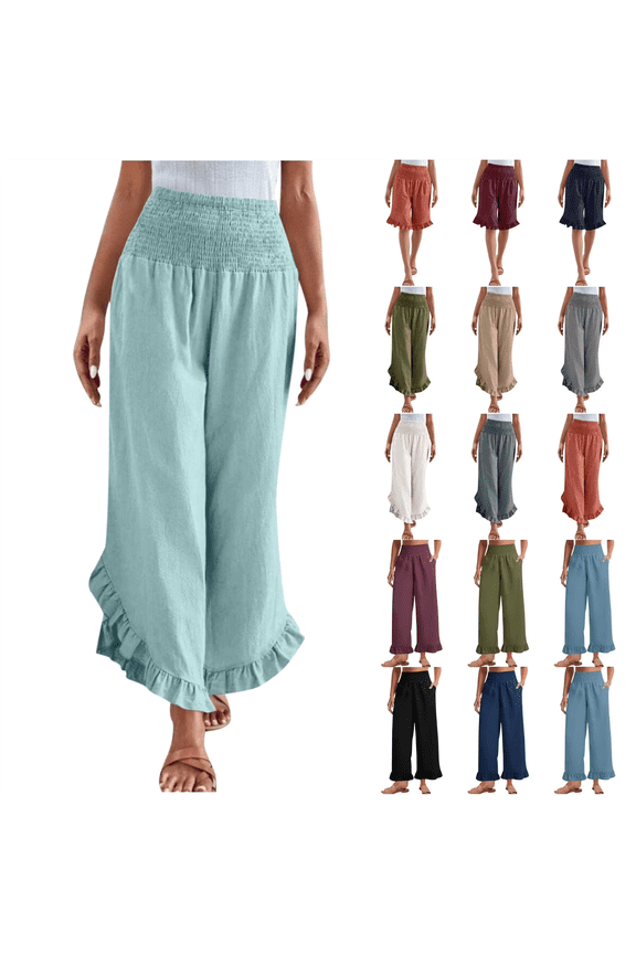 Womens Summer Wide Leg Linen Pants Casual Smocked Waist Ruffle Hem Palazzo Pants Loose Fit Flowy Beach Pants Vacation Clothes Orange S