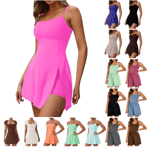 QATAINLAV Sales of The Week! Womens Tennis Dress with Built in Shorts and Bra Spaghetti Straps Athletic Golf Dresses Summer Side Slit Workout Mini Dresses Brown L
