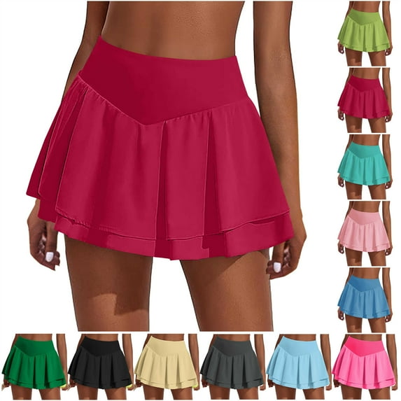 QATAINLAV Sales for Today! Tennis Skirt for Women Double Ruffle Pleated Golf Skort Casual High Waisted Tummy Control Yoga Athletic Skirts Hot Pink M