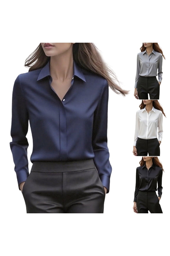 Satin Blouses for Women Button Down Collared Neck Long Sleeve Shirts Solid Color Business Casual Tops, Navy, S