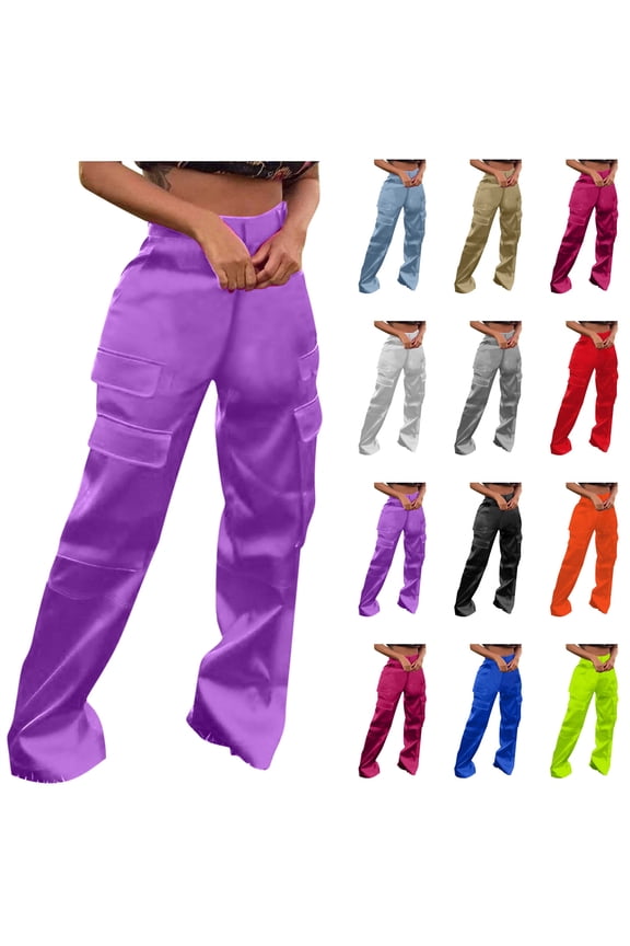 Satin Cargo Pants for Women Button High Waist Wide Leg Pants Casual Loose Fit Straight Pants Solid Multiple Pockets Work Trousers Purple XL