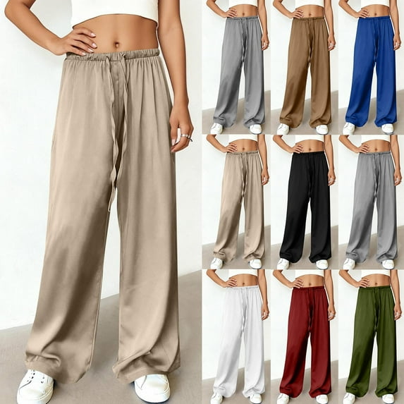 QATAINLAV Satin Pants for Women Loose Wide Leg Trousers Solid Color Casual Drawstring Sweatpants with Pockets Loungewear, Khaki, XL