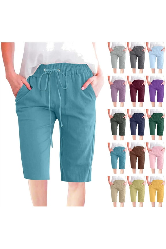 Shorts for Women Fashion Summer Beach Knee Length Shorts Cotton Linen Solid Bermuda Short Pants with Pockets Brown XXXL