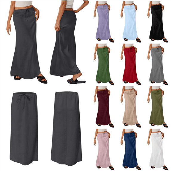 QATAINLAV Sundresses for Women 2025 Summer Linen Maxi Skirt Casual Drawstring Waist A Line Skirts Long Flowy Beach Cover Up Skirts Brown M