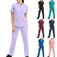 thumbnail image 1 of QATAINLAV Scrub Sets for Women 2 Piece Short Sleeve V Neck Uniform Tops and Drawstring Pants Solid Color Comfort Fit Nursing Sets Wine,M, 1 of 7