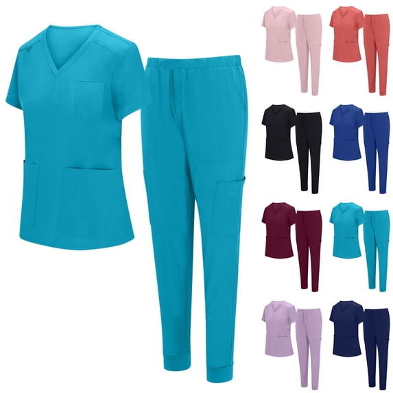 QATAINLAV Scrub Suit Set for Women Classic V Neck Scrub Tops and Straight Leg High Waisted Work Pants with Pocket Nursing Workwear Set Wine,XL