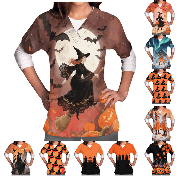 QATAINLAV Scrub Tops Women Thanksgiving Pumpkin Print Top Soft Stretch Curved VNeck Nursing Tops with Pockets