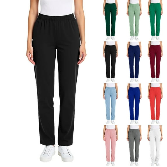QATAINLAV Scrubs Pants for Women Casual Elastic Waist Straight Leg Sweatpants Solid Color Work Uniforms with Pockets, Red, XXL