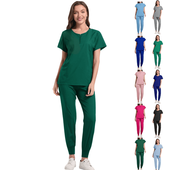QATAINLAV Scrubs Suit Set for Women Stretchy V Neck Short Sleeve Top and Straight Leg Joggers Pants 2 Piece Sets Medical Scrubs Nursing Uniform Green,M