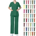 thumbnail image 1 of QATAINLAV Scrubs for Women Set 2024 Fall Outfits Stretch V Neck Short Sleeve Scrub Top and Jogger Pant with Pockets 2 Piece Sets Medical Uniform Green M Todays Daily Sales, 1 of 5
