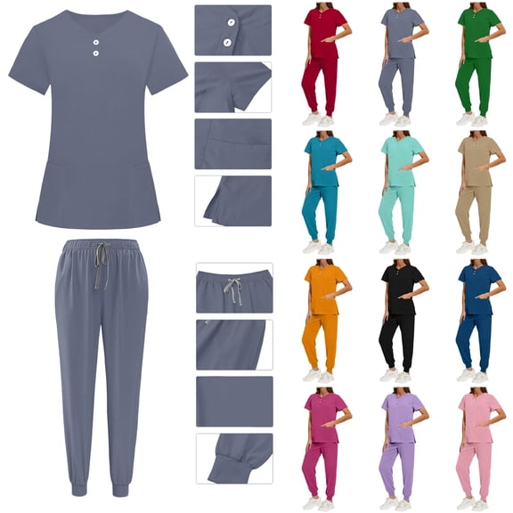 QATAINLAV Scrubs for Women Set Casual Button V Neck Scrub Tops & Drawstring Elastic Bottom Joggers Pants 2 Piece Outfits Green XL