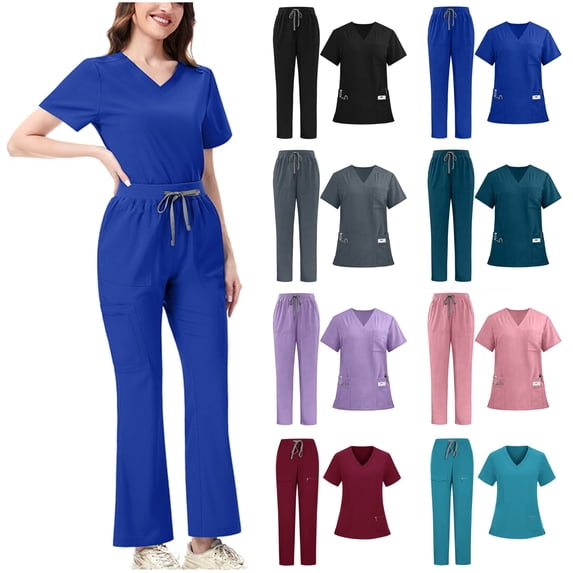 QATAINLAV Scrubs for Women Set Multi Pockets V-Neck Scrub Tops & Drawstring Pant Solid Color Medical Nurse Uniform Purple M