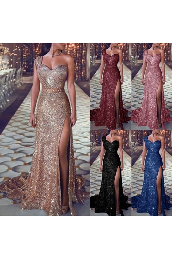Sequin Dress for Women Casual One Shoulder Prom Dress Elegant Sparkly Glitter Evening Dresses Side High Slit Cocktail Dress Warehouse Sales Today Gold XL