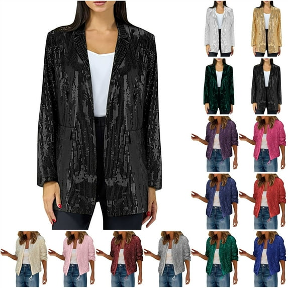 QATAINLAV Sequin Jackets for Women Casual Long Sleeve Zip Up Bomber Coats Fashion Glitter Blazer Outerwear Teen Girls Clothes, Dark Blue, XL