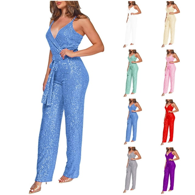 QATAINLAV Sequin Jumpsuits for Women Sleeveless Straps V Neck One Piece Pants High Rise Slim Fit Glitter Sparkle Overalls Winter Savings Red M