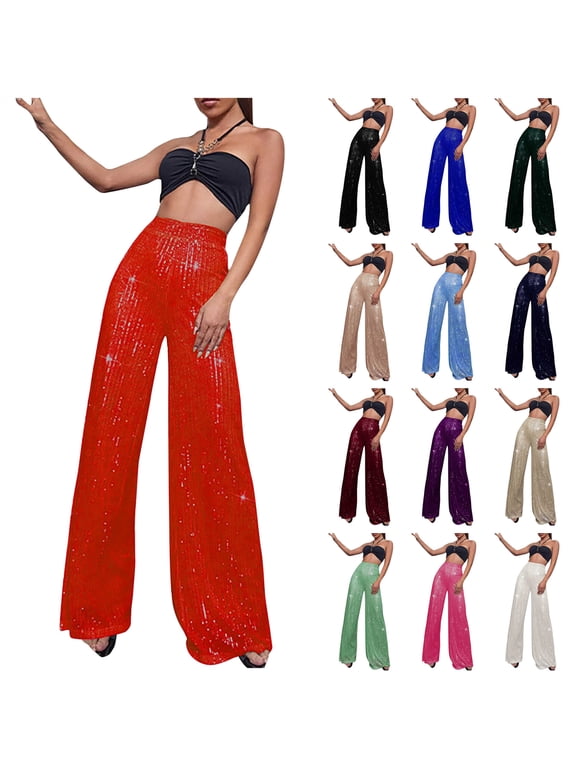 Sequin Pants for Women High Waist Sparkly Wide Leg Trousers Dressy Elegant Flowy Palazzo Pants Sky Blue