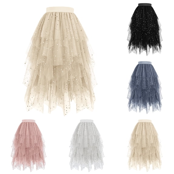 QATAINLAV Sequin Tulle Skirts for Women Irregular Layered Long Skirt High Low Mesh A Line Tutu Skirts White M