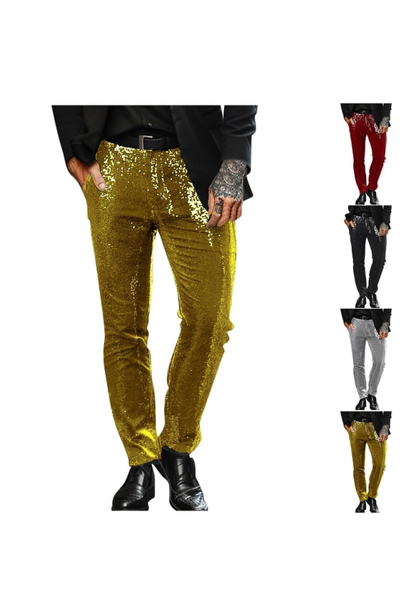 Sequins Pants for Men's Party Disco Shiny Sparkly Straight Leg Trousers Fashion Slim Fit Wedding Guest Dress Pants Red M