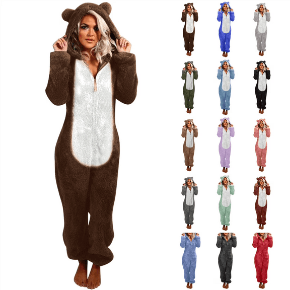 QATAINLAV Sherpa Fleece Jumpsuit for Women Winter Warm Fuzzy Onesie Pajamas Cute Cat Hooded Romper Casual Zip Up Overalls Sleepwear Black L