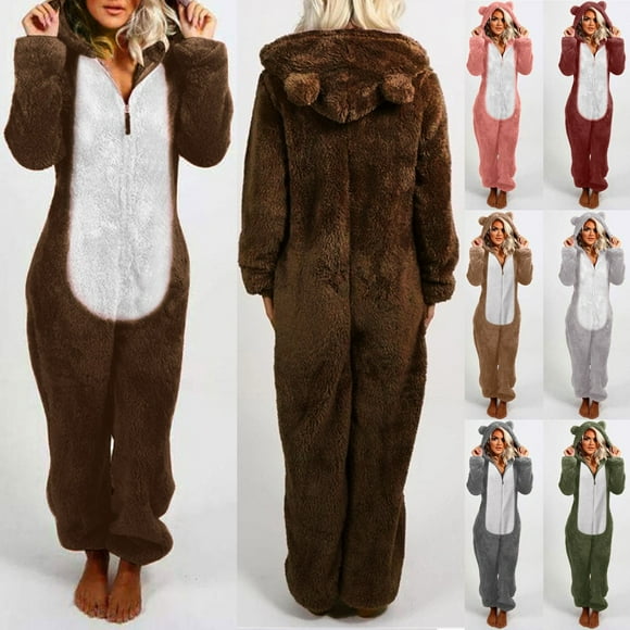 QATAINLAV Sherpa Fleece Jumpsuit for Women Winter Warm Fuzzy Onesie Pajamas Cute Cat Hooded Romper Casual Zip Up Overalls Sleepwear Flash Sales of the Day Gray XL