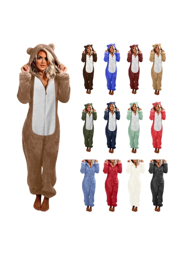 Sherpa Fleece Jumpsuit for Women Winter Warm Fuzzy Onesie Pajamas Cute Cat Hooded Romper Casual Zip Up Overalls Sleepwear Ofertas Flash Del Dia Coffee L