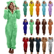 QATAINLAV Sherpa Jumpsuits for Women Fuzzy Onesies Pajamas Long Sleeve Adult Cat Ears Hooded Rompers Sleepwear Warm Plush One Piece Pants Army Green XL