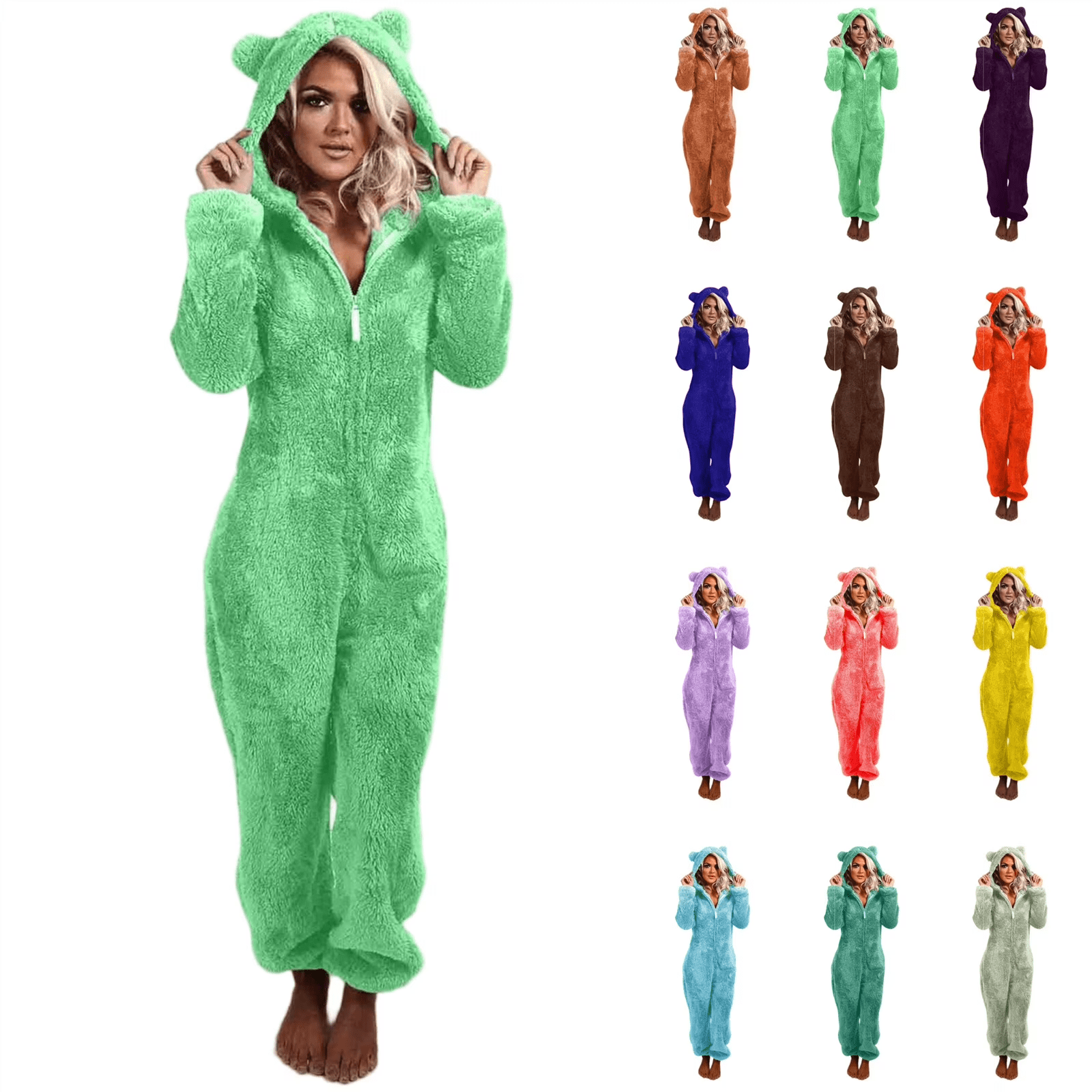 QATAINLAV Womens Cute Bear Onesie Hoodie Winter Sherpa Warm Adult Pajamas Solid Color Plush Hooded Jumpsuits Sleepwear, Light Blue, XL
